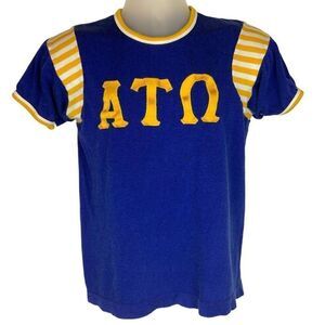 Alpha Tau Omega ATO Fraternity Ringer T Shirt Jersey Blue Gold Vintage 1960s